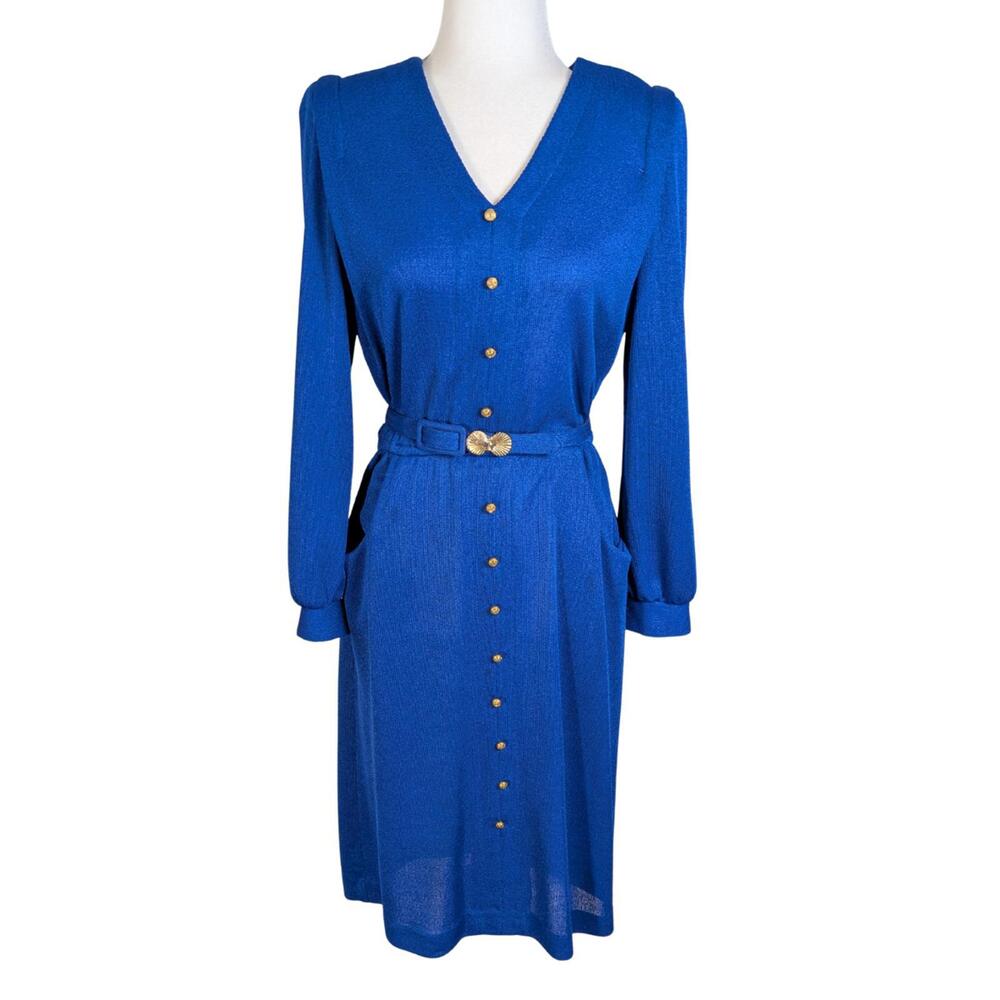 Vintage 1970s HHR Royal Blue Knit Dress with Gold Buttons and Belt Women's 12P